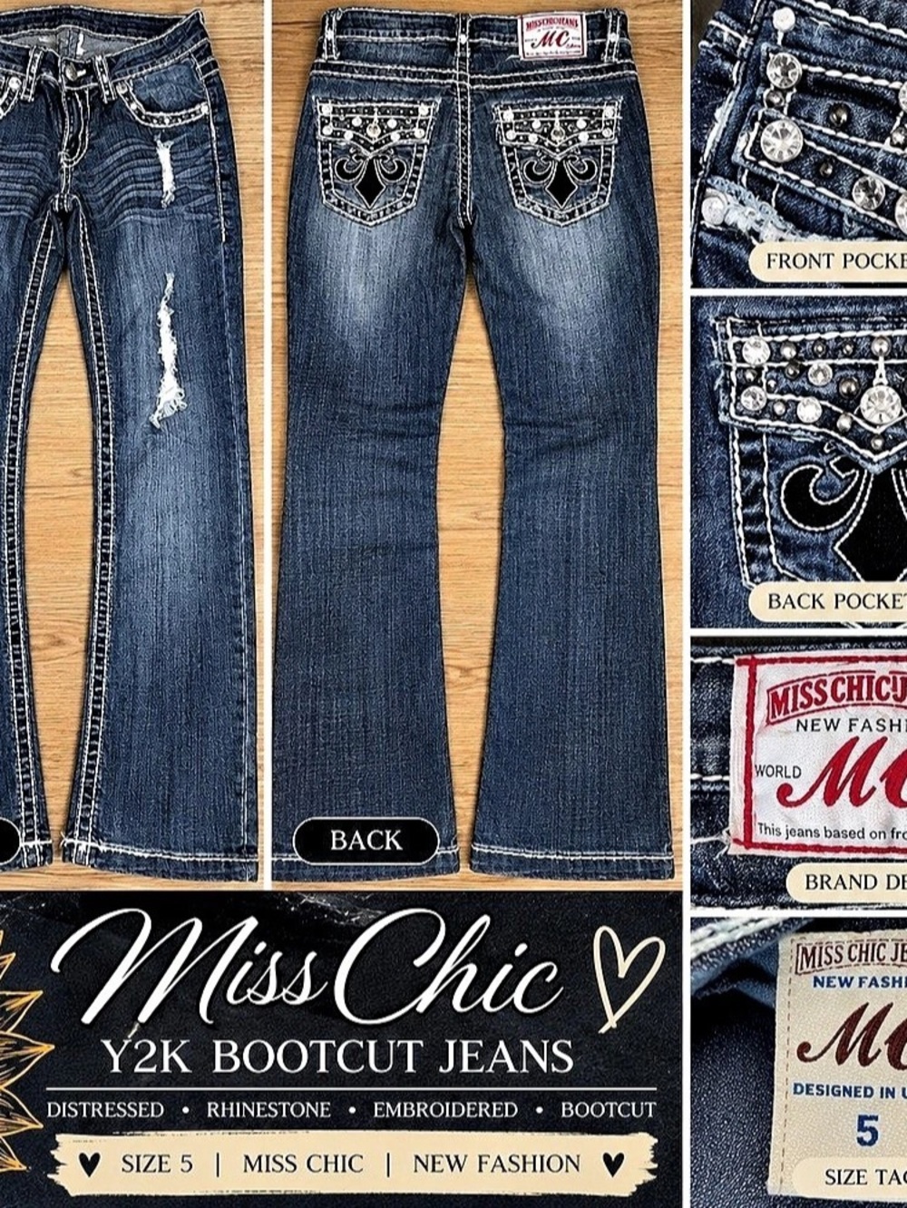 Miss Chic Y2K Bootcut Jeans Distressed Bootcut Jeans in Blue Waist 5